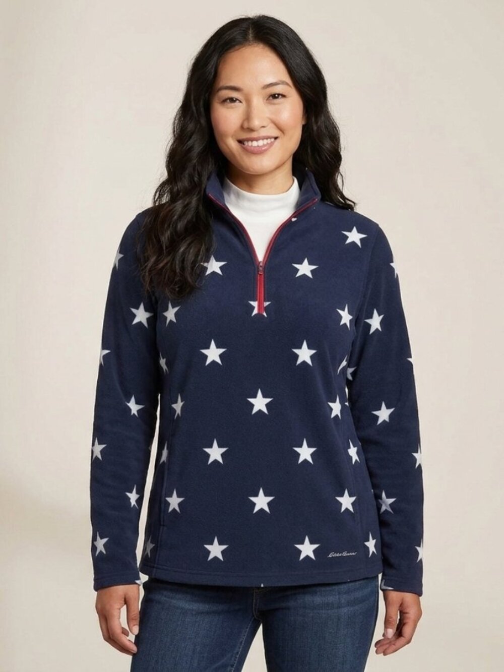 Eddie Bauer Navy Blue White Star Print Fleece Pullover Size XL Quarter Zip